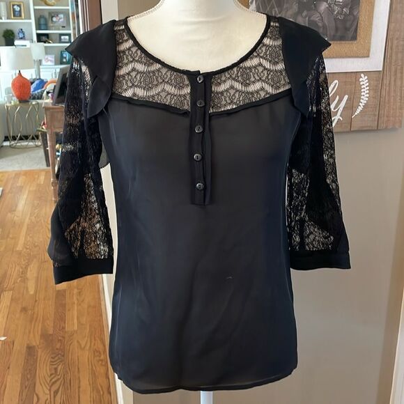 REBECCA MINKOFF GORGEOUS SILK AND LACE BLOUSE BLACK SIZE 0 - Picture 2 of 11